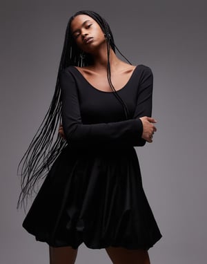 & Other Stories mini dress with puffball hem in black mixed jersey and woven fabric
