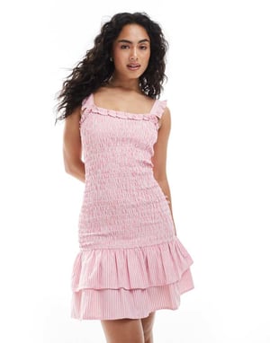 Esmee Exclusive shirred mini beach dress in pink and white stripe