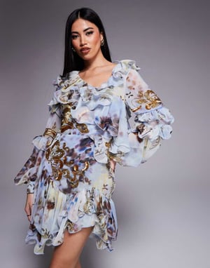 ASOS LUXE organza- och chiffontryckt asymmetrisk miniklänning med dekoration i blått västerländskt blommönster
