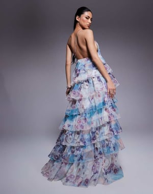 ASOS LUXE organza asymmetrisk volang maxiklänning i blommönster