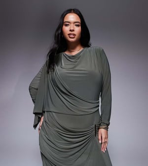 ASOS DESIGN Curve long sleeve drape maxi dress with hitched skirt and trim in khaki
