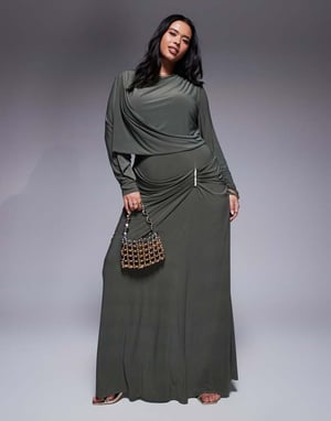 ASOS DESIGN Curve long sleeve drape maxi dress with hitched skirt and trim in khaki