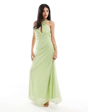 TFNC asymmetric maxi dress with drape scarf detail in lime