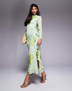ASOS DESIGN mesh long sleeve frill detail a line maxi dress in green floral print