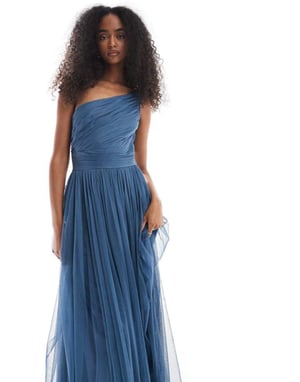 Lace & Beads Bridesmaid one shoulder maxi dress in deep blue
