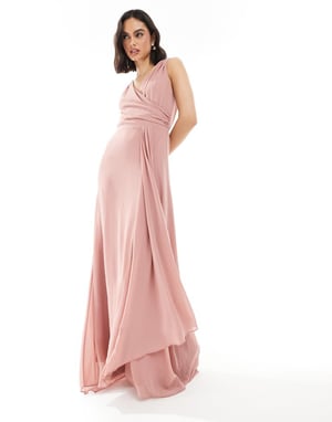 TFNC Bridesmaid chiffon wrap front maxi dress with wrap skirt in dusky pink