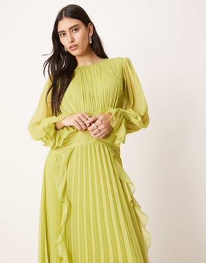 ASOS DESIGN hög nacke rynkad bälte detalj maxiklänning i limegrön