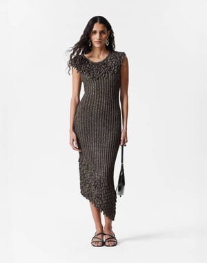 & Other Stories knitted midi dress with fringed neckline and hem in metallic grey