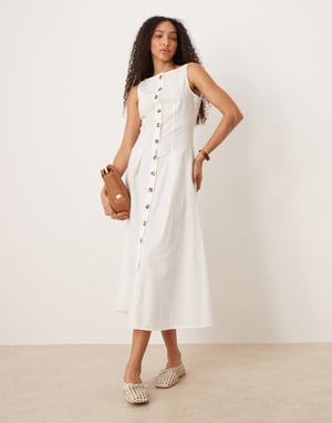 ASOS DESIGN slash neck button down waistcoat midi dress in white