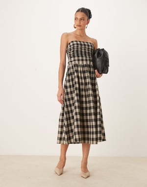 Nobody's Child Felicity bandeau midiklänning med drop waist i mono rutigt