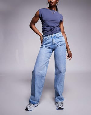 Hugo Red straight fit front seeam jeans in acid wash blue