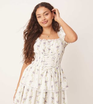 Miss Selfridge Petite korsett mini klänning i blå tapetblommönster