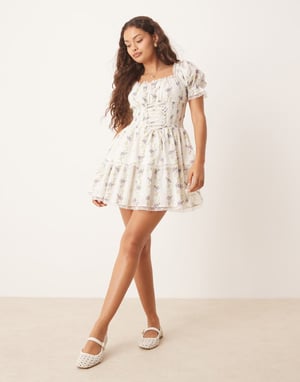 Miss Selfridge Petite korsett mini klänning i blå tapetblommönster