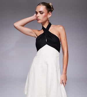 Forever New Petite contrast halter neck mini dress in monochrome
