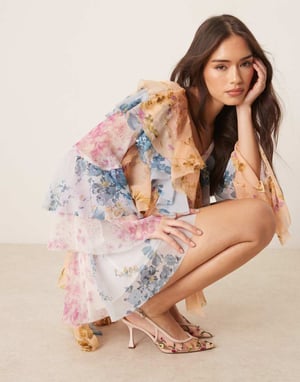 ASOS DESIGN långärmad spliced blandad blommig mönstrad volangsmock mini klänning