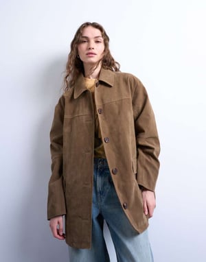 Topshop boxig midilång högslitning av konstläderjacka i brunt