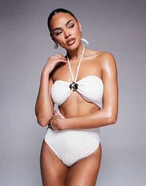 South Beach gold flower detail crinkle swimsuit in cream