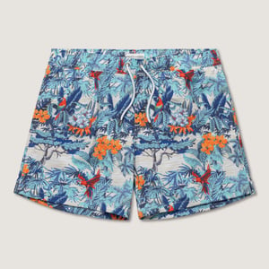 Classic swimshort hibiscus in multi tropical scene with back pocket