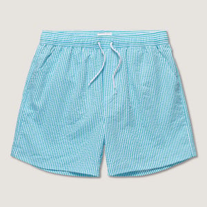 Seersucker swimshorts in blue and white fine stripe and front tie