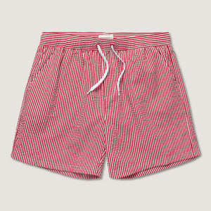 Seersucker swimshorts in rede and white fine stripe and front tie