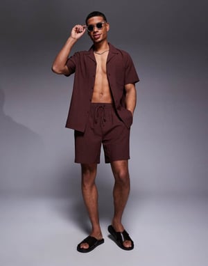 South Beach seersucker beach short co-ord in brown