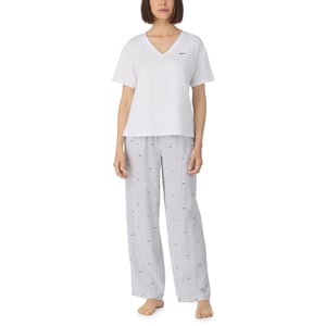 Short sleeve top and pant sleep set in white and white logo stripe