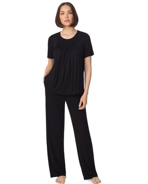 Short sleeve top and pant pyjama sleep set with pleats in black