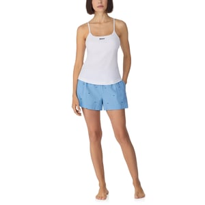 Cami with shelf bra and boxer sleep set in white and blue logo stripe