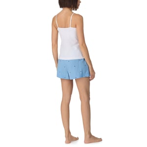 Cami with shelf bra and boxer sleep set in white and blue logo stripe