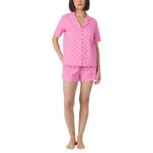 Short sleeve notch top and boxer sleep set in orchid pink logo