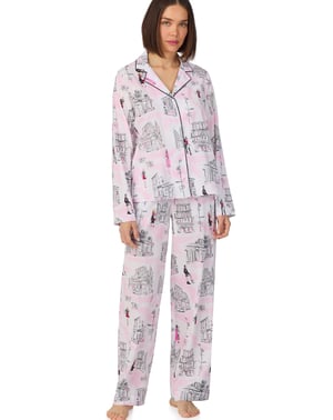 Long sleeve notch top and pant sleep set in white city print