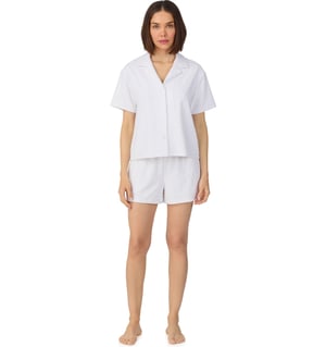 Short sleeve notch top and boxer sleep set in white logo