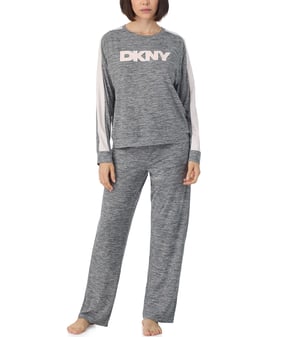 Long sleeve top and pant lounge set in iron gate cationic