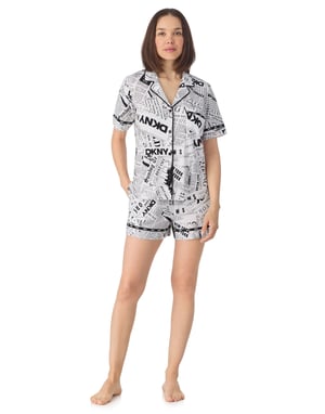 Short sleeve notch collar and boxer set in white newspaper