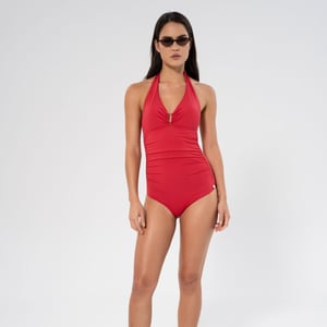 Niovi solid swimsuit in lipstick red with halter tie and back latch