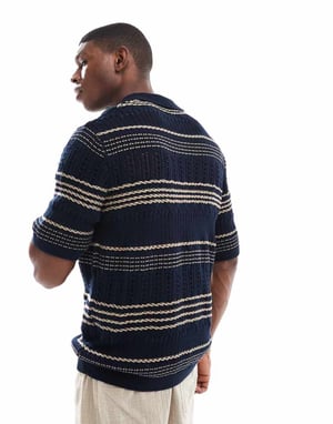 ONLY & SONS avslappnad passform öppen stickad polo i marinrandig