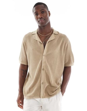 Jack & Jones oversized knäppt stickad polo i beige
