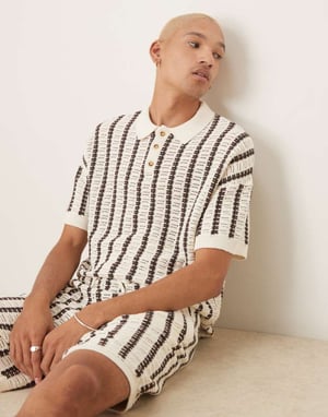 ASOS DESIGN co-ord relaxed crochet knitted button through polo with stripe pattern in brown and ecru