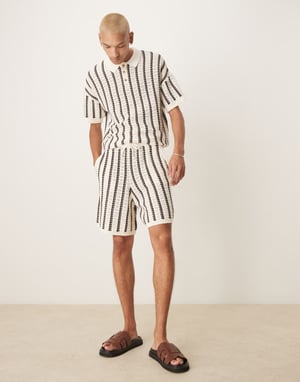 ASOS DESIGN co-ord relaxed crochet knitted button through polo with stripe pattern in brown and ecru