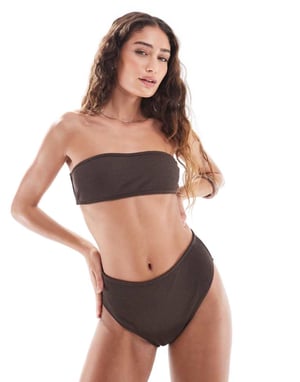 4th & Reckless crinkle high waist bikini bottom co-ord in brown