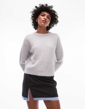Topshop knitted crew with raglan and exposed seam jumper in light grey