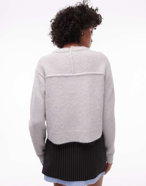Topshop knitted crew with raglan and exposed seam jumper in light grey