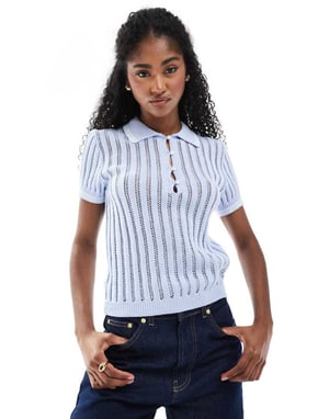 Monki knitted polo top with stitch detail in blue