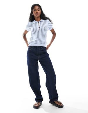 Monki knitted polo top with stitch detail in blue