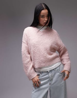 Topshop knitted high v-neck boucle jumper in pink