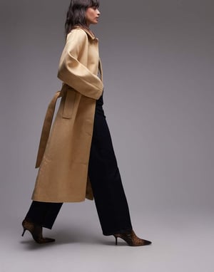 Topshop belted long line formal coat in buttermilk