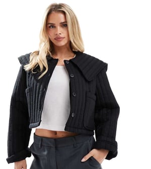 ASOS DESIGN Petite quilted jacket with collar in black