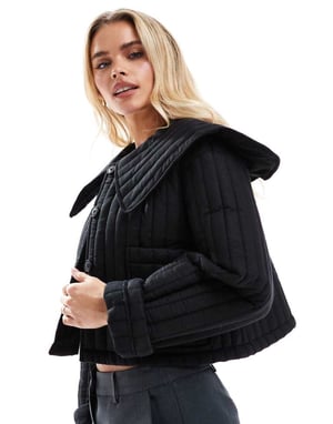 ASOS DESIGN Petite quilted jacket with collar in black