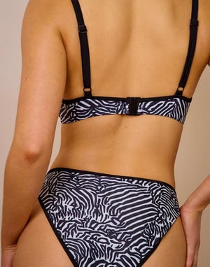 Wolf & Whistle x Maia Andrews zebra print contrast trim high waist bikini bottom in black and white