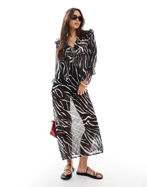Esmee Exclusive sheer tie front beach skirt in zebra